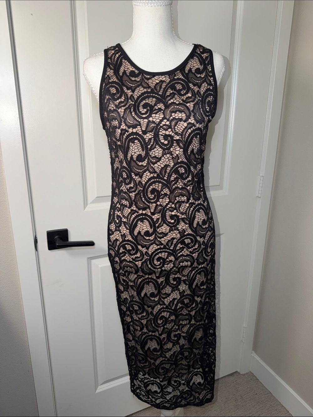 Black Lace Midi Dress with Nude Lining